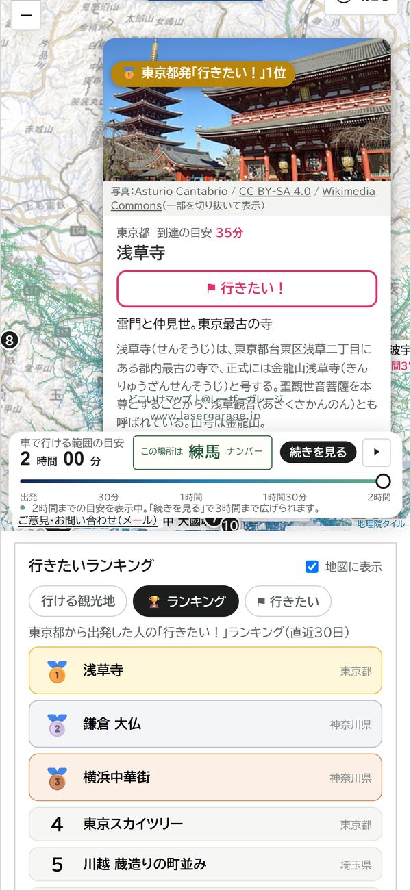 観光地のカードと行きたいボタン